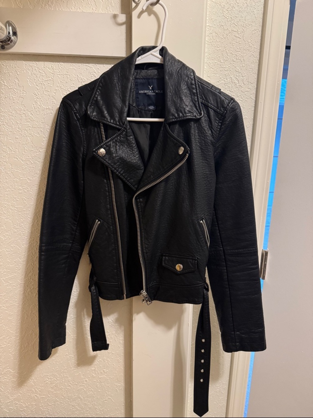 American Eagle Outfitters Black Faux-Leather Moto Jacket with Silver Hardware